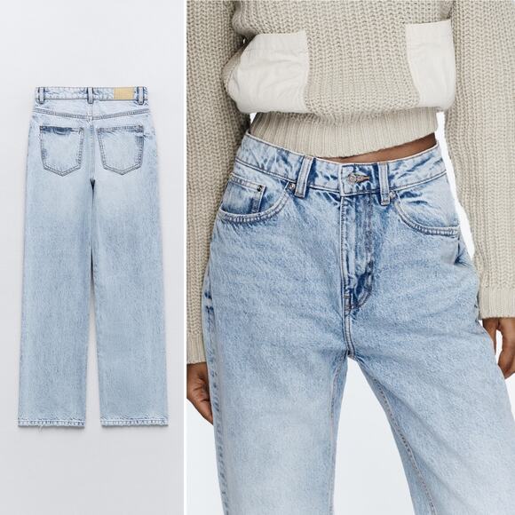 ZARA Z1975 High Rise Long Length Straight Cut Jeans Light Blue Sz 4 Rigid Denim - Picture 3 of 16